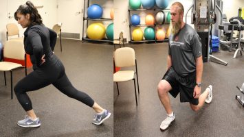 Wrong (Left):  Common lunge mistakes include lifting your front heel off the floor or bending your front knee too far forward so it extends over your foot.

Correct (Right): Keep your front heel on the floor and make sure the rear knee is aimed directly at the floor, not out to the side at an angle.