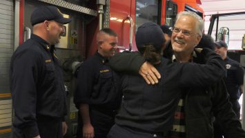 Mark Bradford thanks members of the Columbus Division of Fire for saving his life after he went into sudden cardiac arrest. Paramedics were able to initiate a new, life-saving protocol being tested in partnership with The Ohio State University Wexner Medical Center.